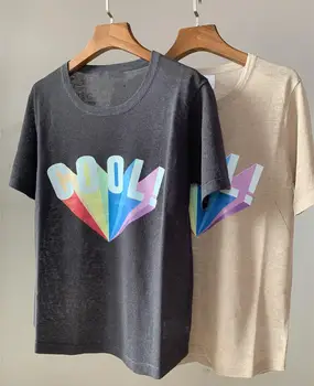 

100% Linen Women Knitted T shirt Letters Print O-neck Summer Thin Tee top Female Knitwear pullover sweater t-shirts