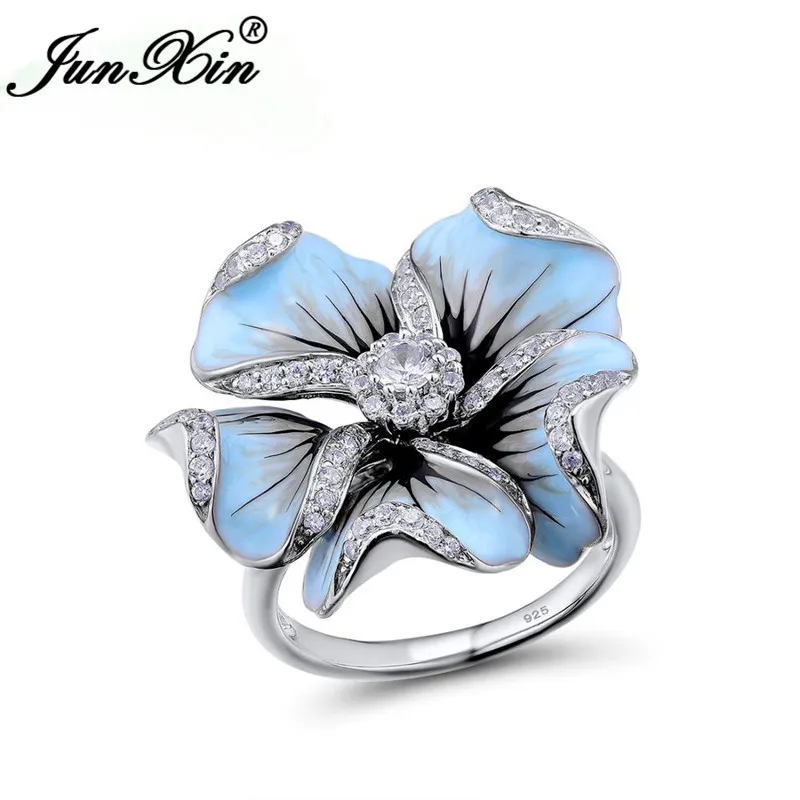 

Unique Big Flower Ring 925 Silver Color Blue Enamel Charm Women Wedding Bands Zircon Engagement Thin Ring Band Prom Jewelry CZ