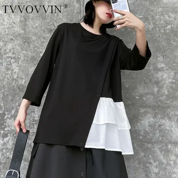 

loose Trend Splice Hit Color T Shirt Loose Plus Size Wild Women Tops Fashion Women Clothes 2020 Nine Points Sleeve Spring XJ3938