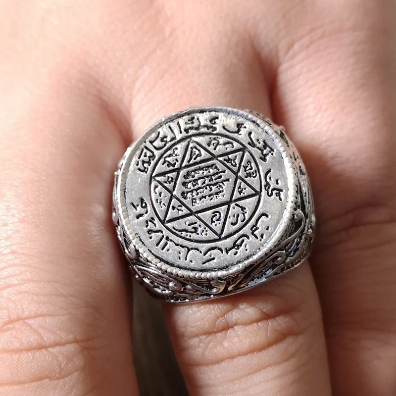 Islam Muslim Rune Hexagonal Star Ring Men's Women's Ring New Fashion Metal Big Ring Accessories Party Jewelry Size 5-11