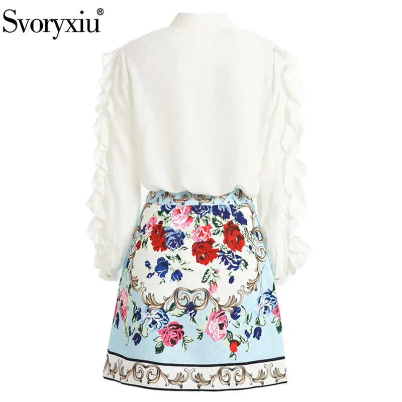 Svoryxiu Women's Runway Skirt Suit Women's Lantern Sleeve Ruffles White Blouse+ Print Jacquard Skirt Elegant Two Piece Set