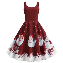 New Retro Cartoon Print Christmas Dress Women Autumn Leisure Sleeveless Bottom Dresses Female Big Swing Party Vestidos Black Red