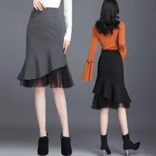 Новая мода высокое качество клетчатая рыбий хвост осень зима Женская высокая талия шерстяная необычная Повседневная Юбка До Колена размера плюс M-4XL