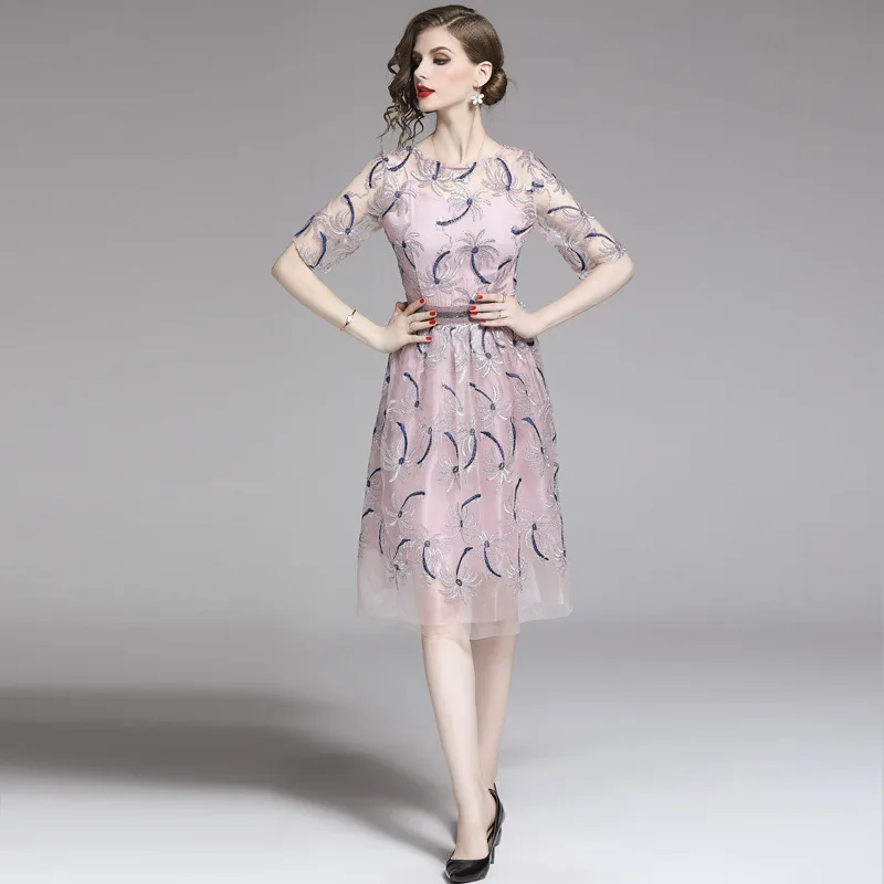

Women Summer Dress Embroidery Lace Dresses Mid Dress 2019 Mesh Hollow Out Elegant A-line O-neck Vestidos Robe Mujer