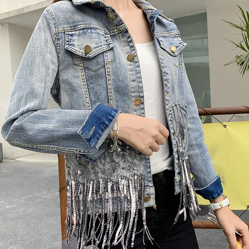 Atumn Fashion Streetwear Bling Bling Sequins Tassel Denim Jacket Solid