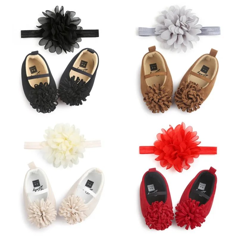  Baby First Walkers Newborn Toddler Infant Baby Girls Princess Shoes Headband 2pcs Sets Girl Shoes F