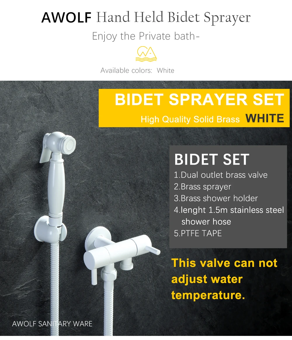 Description Picture 2 of itemHand Held Toilet Bidet Sprayer White Douche Kit Shattaf Solid Brass Dual handle Dual Water Outlet Valve Bidet Faucet Tap AP2314