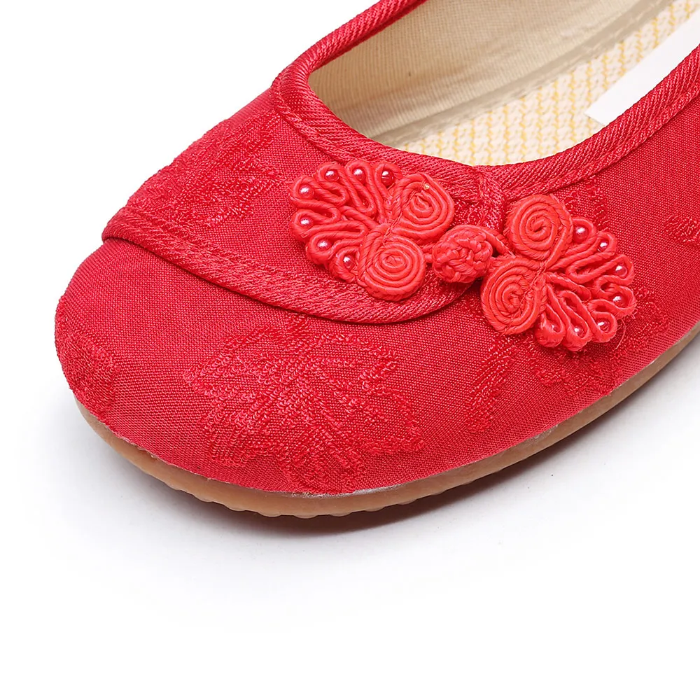 Veowalk Chinese Knot Women Cotton Fabric Embroidered Ballet Flats Retro Ladies Casual Traditional Old Beijing Shoes Solid Color