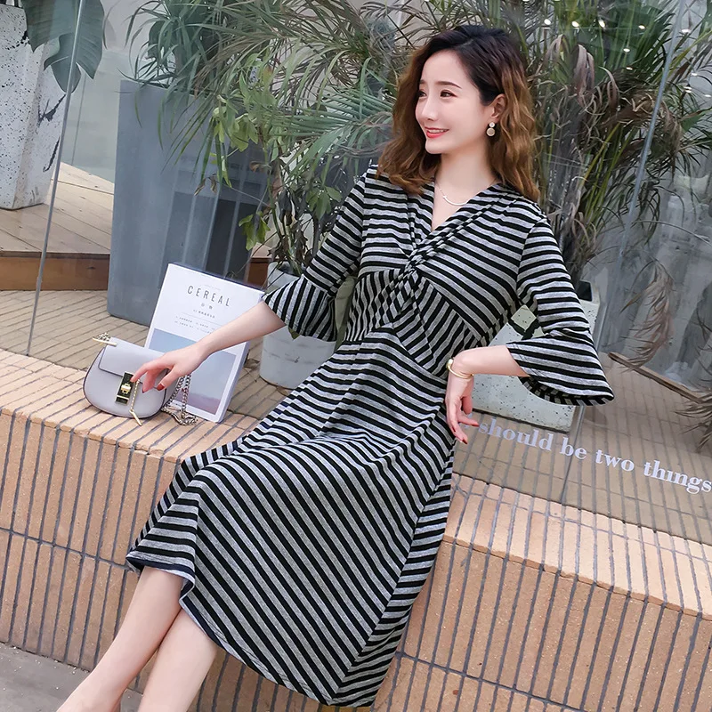 

New Style Maternity Clothes 2019 Summer Korean-style Fashion Stripes Loose-Fit Bell Sleeve Pregnant WOMEN'S Knitting Dress Korea