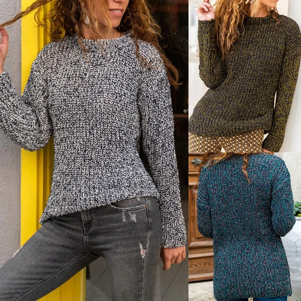 

2020 Autumn/winter O-neck Long Sleeve Mixed Color Knitted Casual Pullover Sweater Vintage Slim Casual Pullover Ladies Clothes