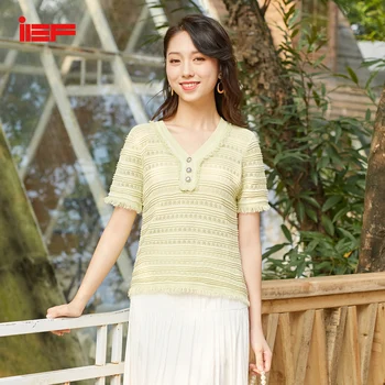 

IEF Summer Female Knit V Neck Pullover Sweater Fashion Lady Elegant Tops Vintage 0719A-D13858-