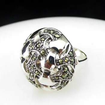 

FNJ Round Football Rings 925 Silver Original S925 Thai Silver Ring for Women Jewelry MARCASITE