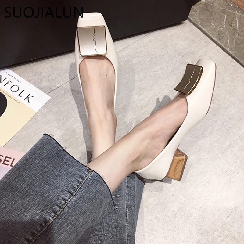 SUOJIALUN Luxury Women Spring Flat Shoes Square Toe Medium Heels Fashion Metal Boat Low Heels Shoes Women Dress Shoes