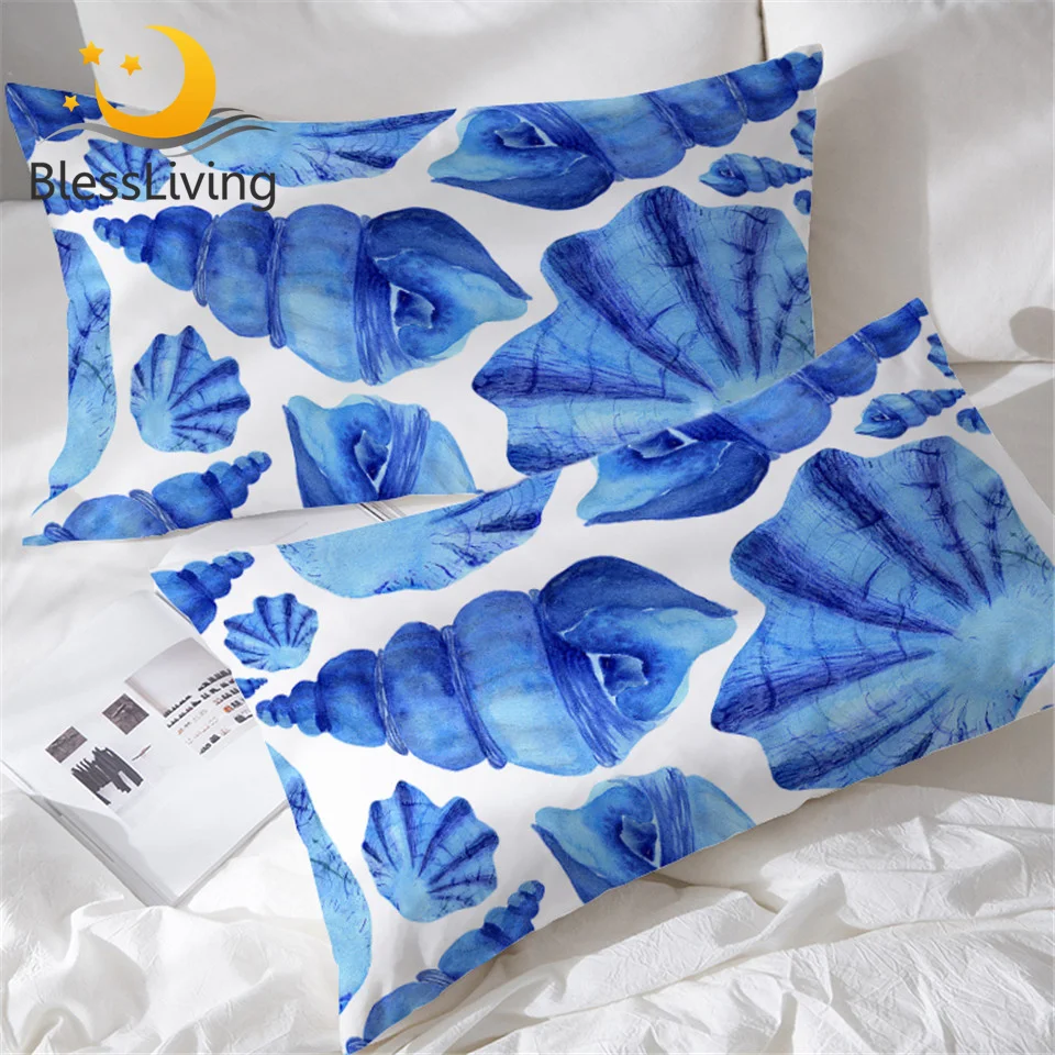 

BlessLiving Seashell Pillowcase Conch Pillow Case Watercolor Blue and White Pillow Cover Ocean Beach Theme Bedding 50cmx90cm New