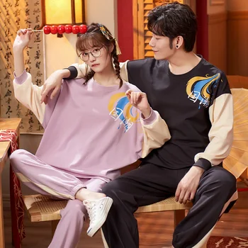 

Korean Style Couple Pajamas Long Sleeve Cotton Casual Cartoon Sweet Suit Can Wear Home Clothes Men Spring/Fall Ladies' Pyjamas