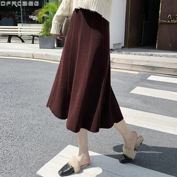 

Elegant Streetwear Knitted Skirt Women Fashion 2019 Autumn Winter Ladies Skirts Stretch High Waist Jupe Femme Solid Saia Midi