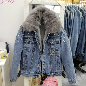 

2019 Winter Women Fur Lining Detachable Warm Denim Jackets Fox Fur Collar Korean Loose Beading Denim Coats