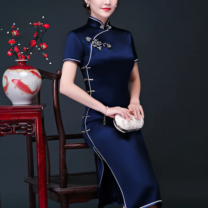 Традиционное винтажное китайское женское Qipao сексуальное миди тонкое Cheongsam благородный Мандариновый воротник вечернее платье ретро Vestidos