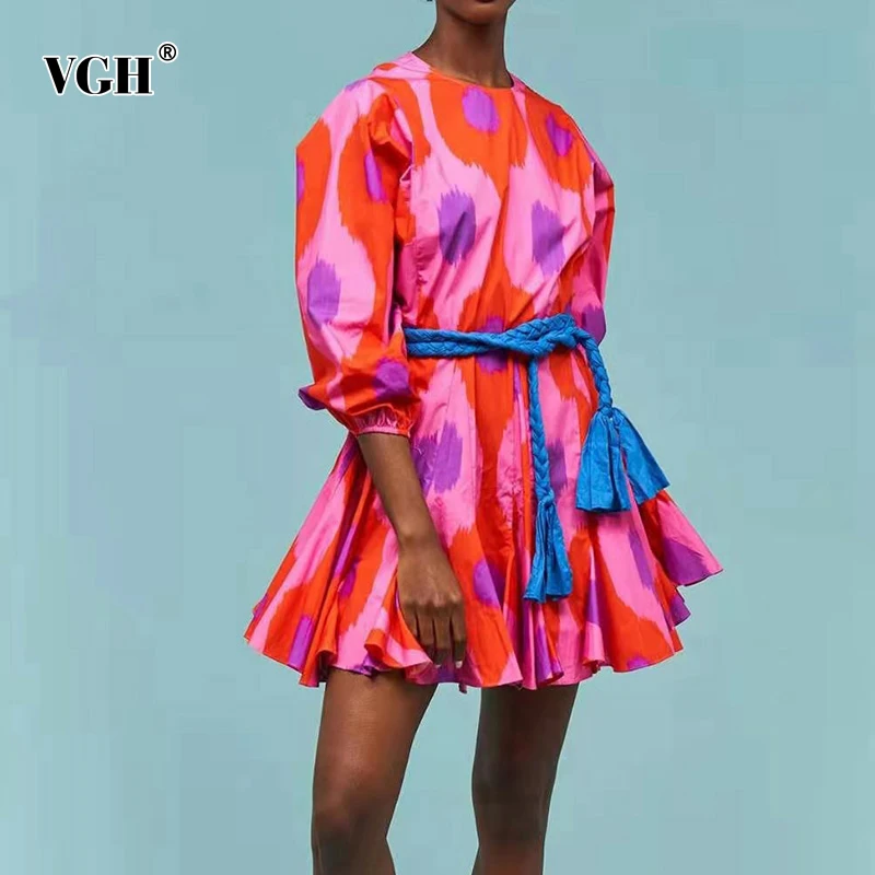 

VGH Print Dress For Women O Neck Long Lantern Long Sleeve Patchwork Bandage High Waist A Line Casual Dress Female 2022 Clothing