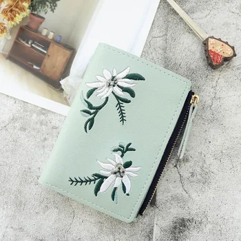 

Flower Leather Wallet Cash Short Embroidery Card Holder Print Pocket Purse