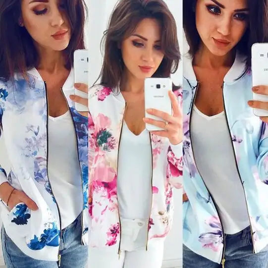 Flower Floral Print Baseball Jacket Bomber Women Basic Coats Long Sleeve Top Zipper Outwear Autumn 2020 DW538 | Женская одежда