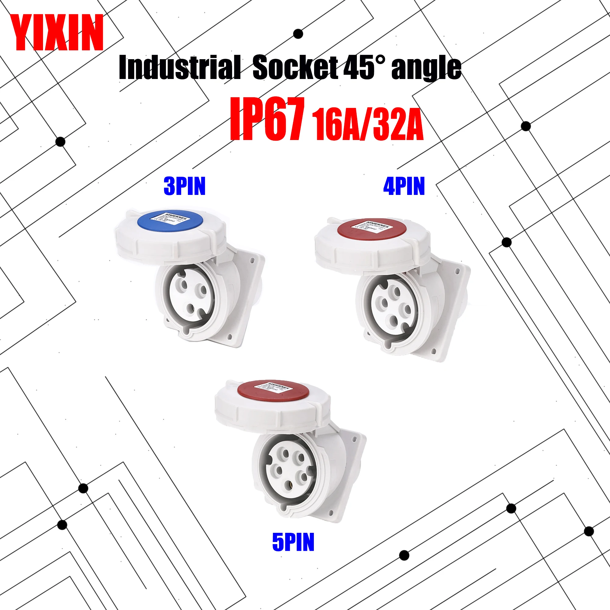 

Industrial Socket Angle 45° 16A 32A 63A 3 pin 4 pin 5 pin ip44 Panel Mounted Socket Waterproof 220V 380V 415V