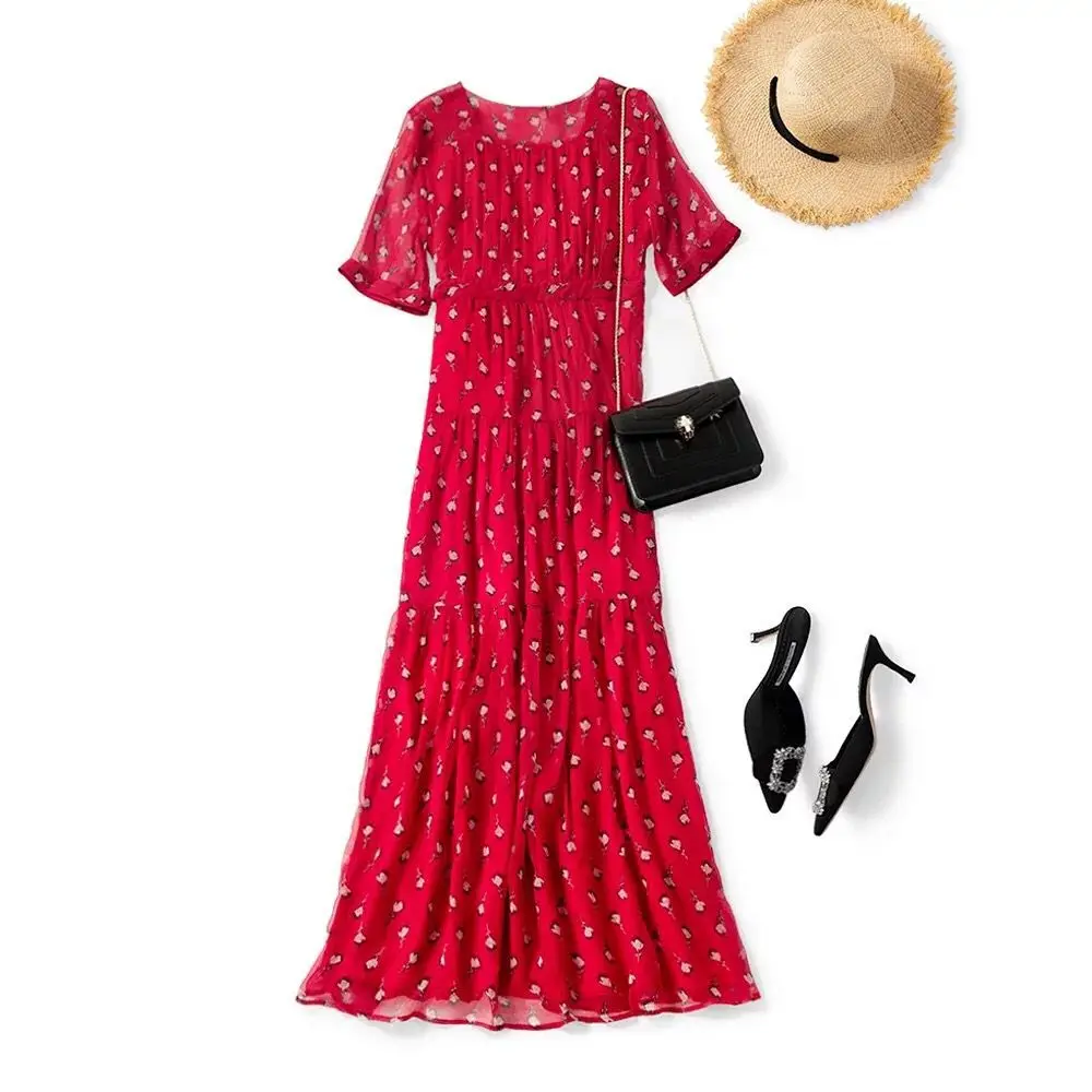 

2019 New Women Silk Red Maxi Dress Short Sleeve V Neck Flower Print Wrap Long Dress Summer Autumn With Blet