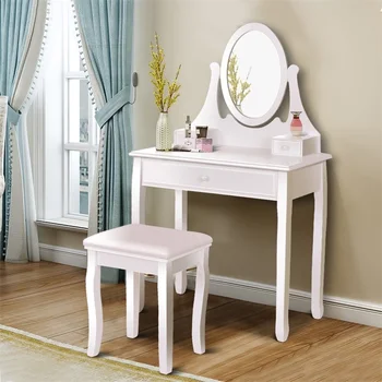 

COSTWAY Vanity Wooden Makeup Dressing Table Stool Set HW55560