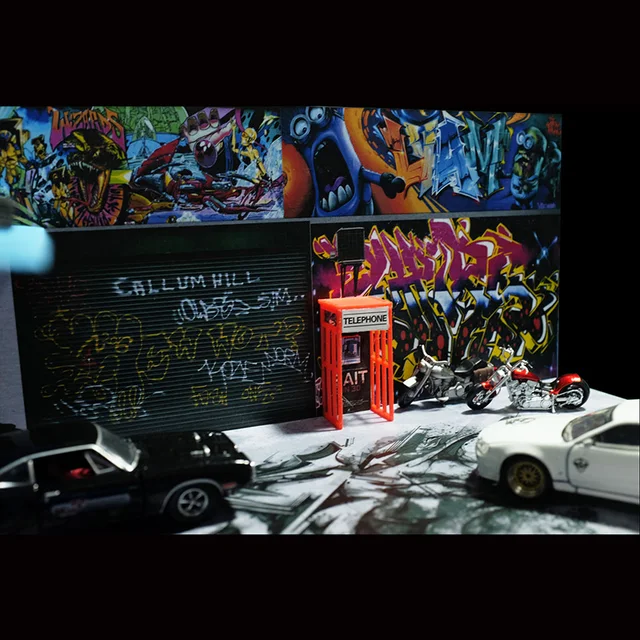 1/64 Scale Garage Parking Lot Factory Warehouse Graffiti Automobile Refitting Scene Fit Car Model Toy Gift Collection Display 2