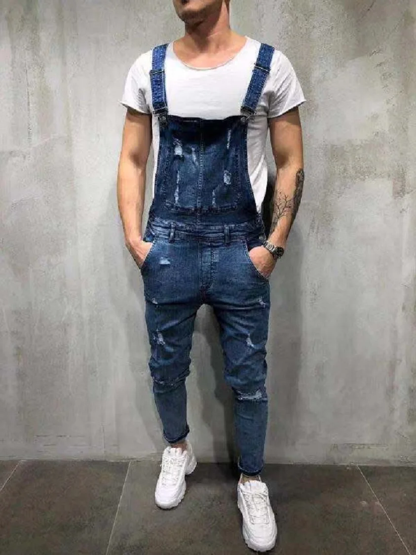 Fashion Men's Pants Overall Casual Jumpsuit Jeans Wash Broken Pocket Trousers Suspender Pants Streetwear Mens Jeans Pants S-3XL 2