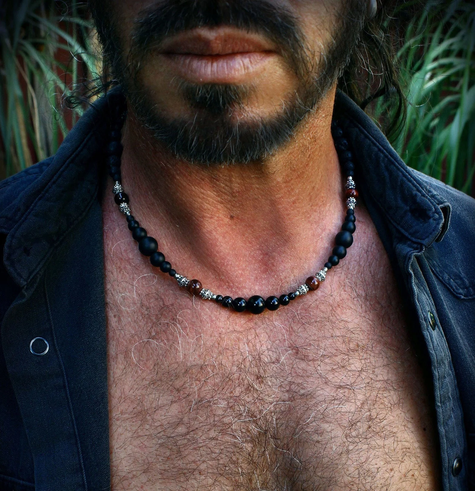 

masculine black necklace / tiger eye necklace / gemstone necklace for men / beaded necklace for men / casual mens jewelry