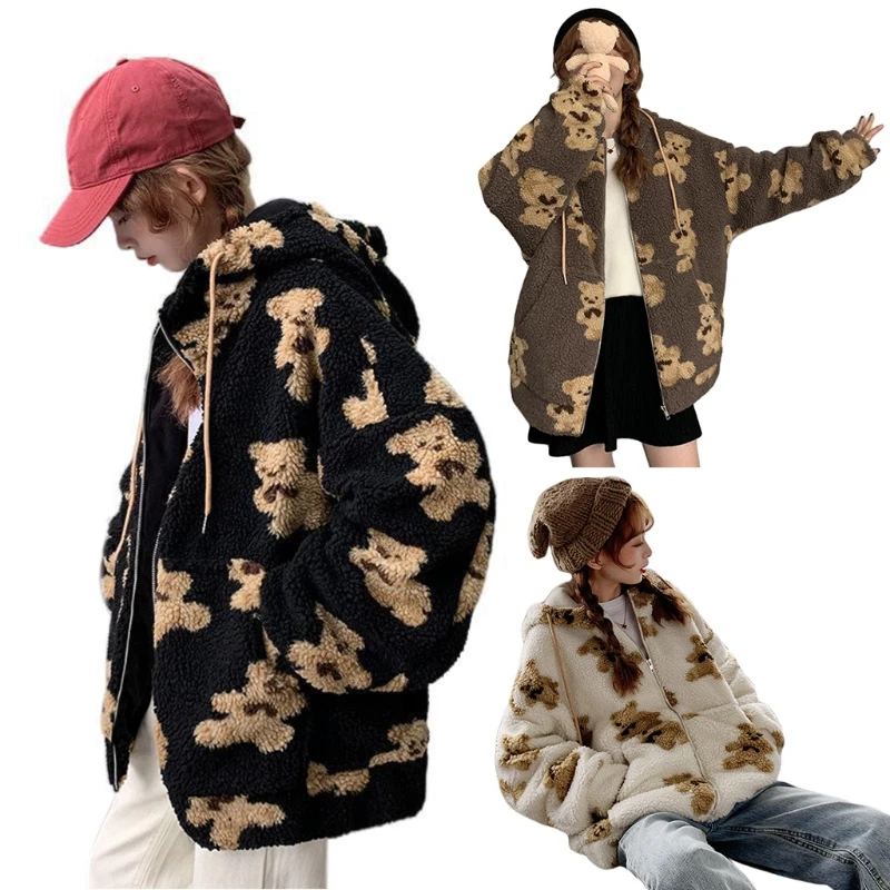 Women Winter Fuzzy Plush Hoodie Jacket Cute Cartoon Bear Print Shaggy Oversized Coat Harajuku Long Sleeve Warm Zip Up Sweatshirt