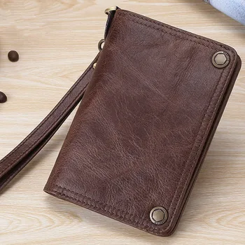 

Men Long Multi-function Magnetic Buckle Genuine Leather Wallet Fashion Business Oil Wax Leather Clutch Cow Leather Retro Wallet