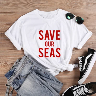 ONSEME SAVE our SEAS лозунг летняя белая женская футболка Эстетическая одежда простые футболки для женщин лучшие друзья футболка Q-693 - Цвет: White-Red