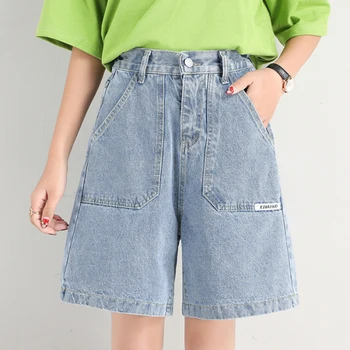 

female summer loose straight denim shorts 2020 new Korean elastic high-waist wide-leg knee-length women shorts