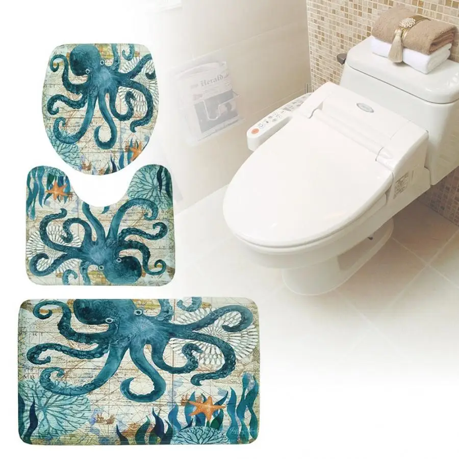 Ocean Sea Theme Printed Shower Curtain& Waterproof Non-slip Bathroom Curtain and Mat Rug Set Bathroom Accessories