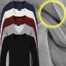 Высококачественная осенне-зимняя мужская теплая термо-майка, мужская повседневная бархатная плотная футболка с длинным рукавом и v-образным вырезом, большие толстые мужские футболки