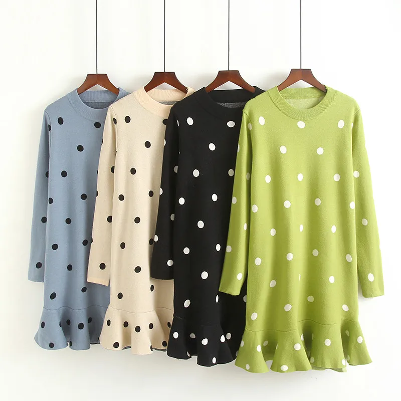 

PERHAPS U green beige black blue polka dot long sleeve ruffle knitted knee length a line autumn winter dress elegant D1380