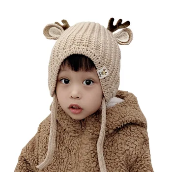 

Solid Baby Warm Beanie Hat Elk Horn Cute Newborn Boy Girl 1-4Y Cap Polyester Knit Thicken Hat Winter Toddler Cap Cotton Lining