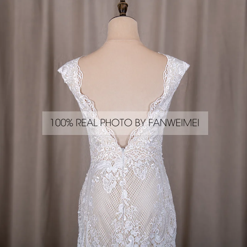 794#Deep V-Neck Sexy Backless Cap Sleeve Lace Sheath Boho Bohemian Wedding Bride Dress REAL PHOTO FACTORY PRICE CUSTOM MADE 6