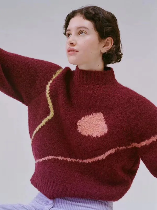 Осень и зима Цвет с абстрактными линиями ленивый Свободный вязаный свитер