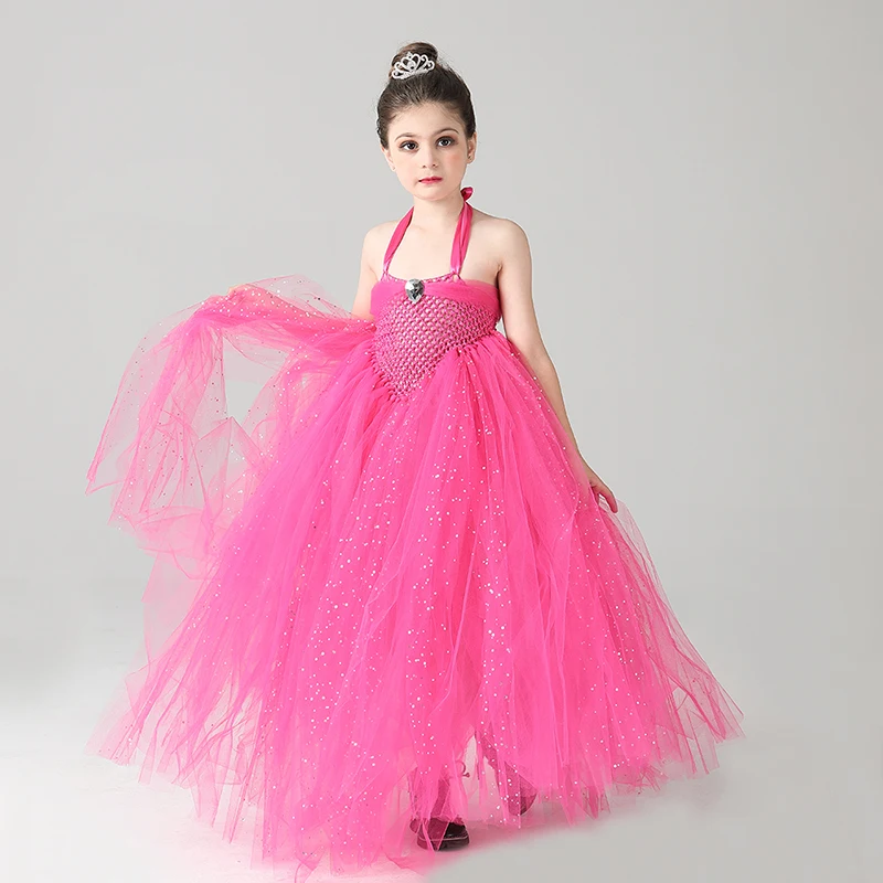 Glittery Hot Pink Tulle Girls Party Tutu Dress Princess Stunning Ball Gown Dress for Children Wedding Pageant Birthday Costume (5)