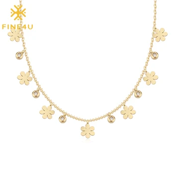 

FINE4U N519 Dainty Flower Choker Necklace Stainless Steel Flowers Pendant Necklace Minimalist Delicate Women Jewelry