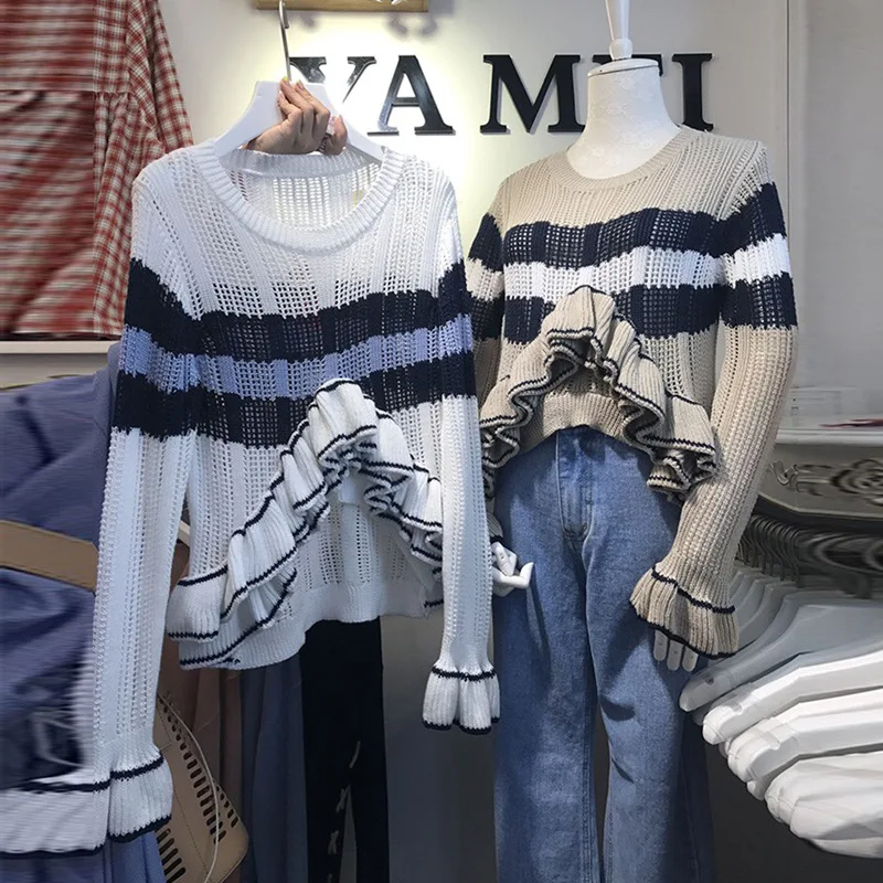 

Autumn Sweater New Style Wear Round Collar Wooden Ear Stitching Striped Long Sleeve Bottom Knitted 2019 Clothes Women Sweaters