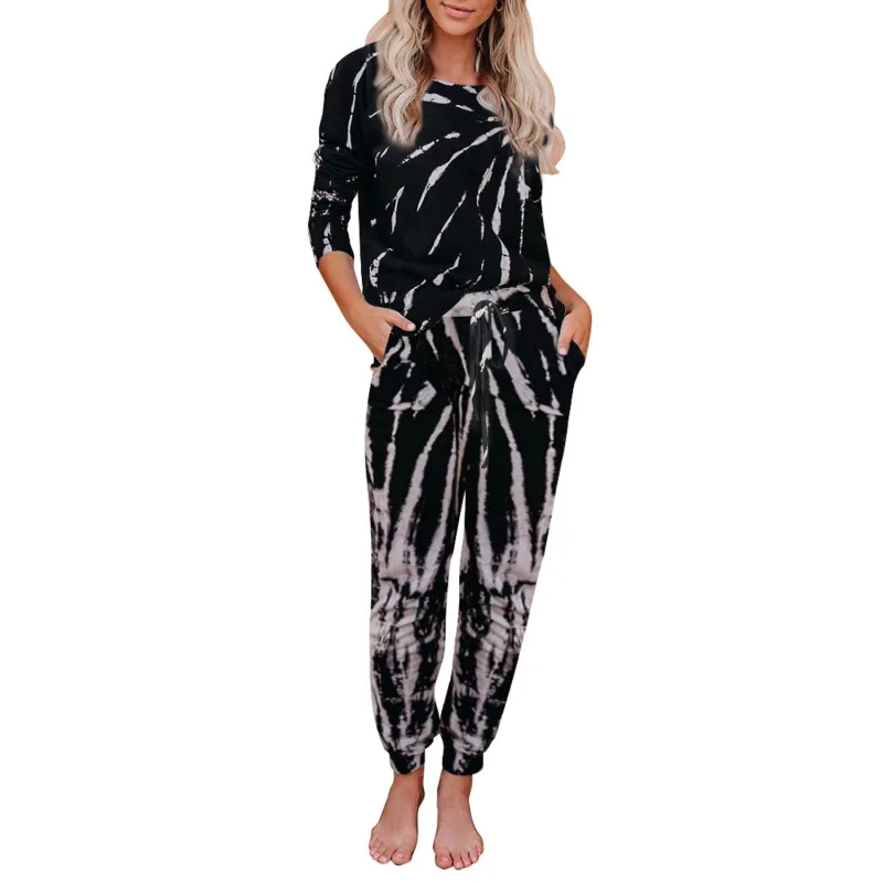 

New Women's Tie-Dye Printed Pajama Set Round Neck Long Sleeve Top + Pants Set with Pockets