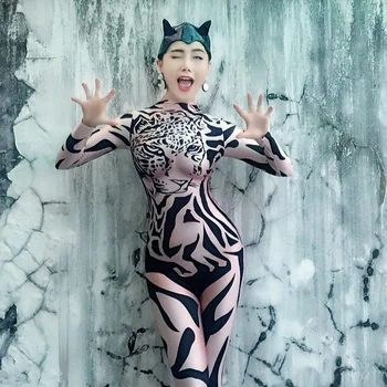 

Sexy Woman Leopard Totem Club Wear Rompers Full Printed DJ Skinny Stretch Stage Show Jumpsuit Costume Women Traje De Mujer