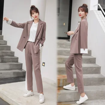 

Women's suit 2019 autumn new fashion temperament casual loose solid color single buckle small suit trousers two-piece set