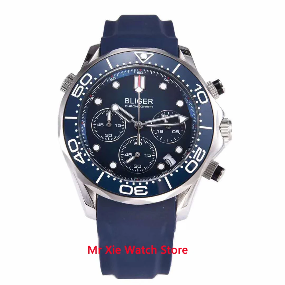 

Bliger 41mm VK Quartz Wristwatch Men Sapphire Glass Luminous Waterproof Rubber Strap Date Sport Chronograph Function Watch Men