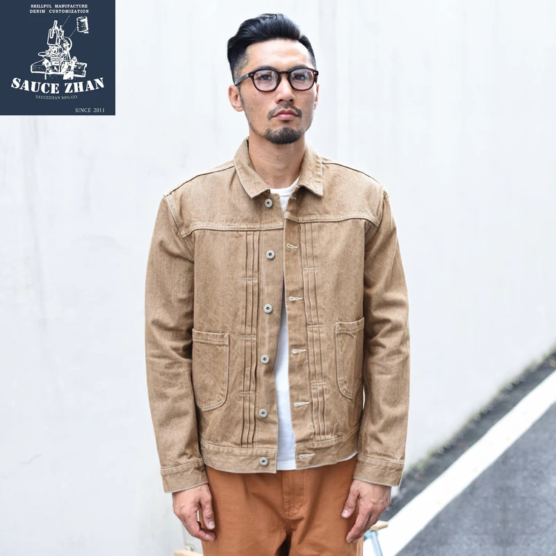 

SauceZhan Vulcanization Denim Jacket Khaki Jeans Jacket Selvedge Denim Jacket Jacket Man Casual Men's Jacket Slim fit jacket