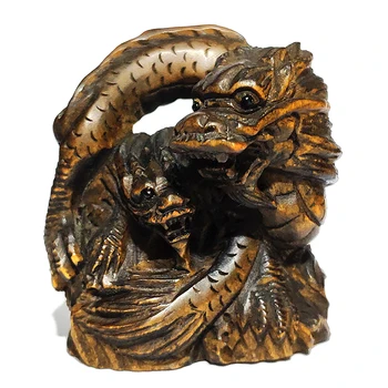 

Y6605 - 2" Hand Carved Japanese Boxwood Netsuke - Dragon and Baby Dragon Figurine